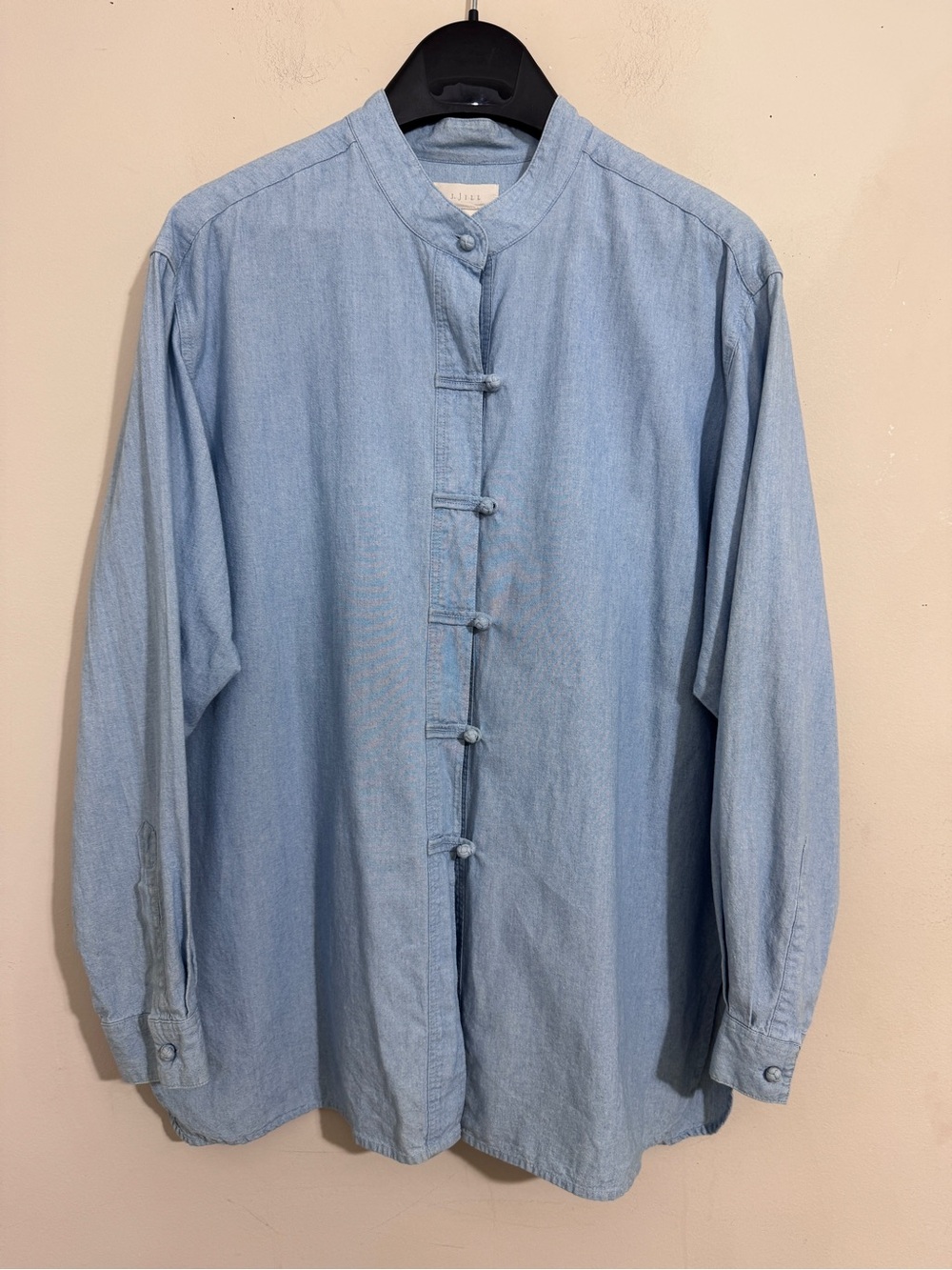 J. Jill Mandarin Collar Button Up Blue Chambray Shirt size XL Arsty Coastal Chic
